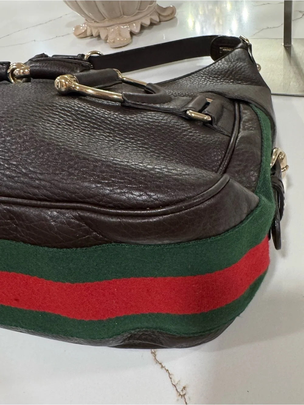 GUCCI Heritage Horsebit Hobo Brown Leather Shoulder Bag with Sherry Line